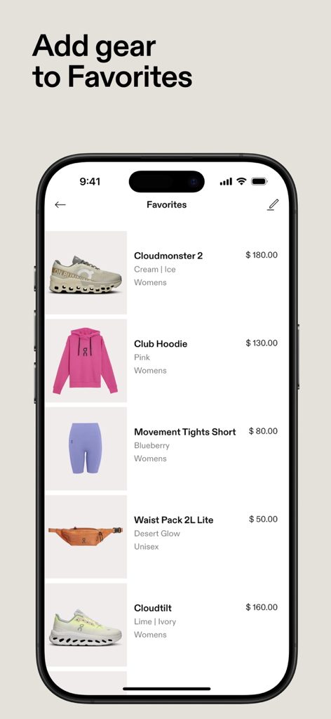 Favoriten-Bildschirm in der On App mit einer kuratierten Liste gespeicherter Schuhe und Bekleidung