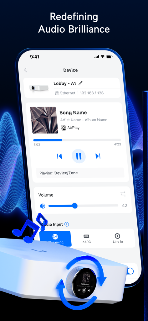 UniFi Play 앱 인터페이스, 스마트폰에서 오디오 제어 및 장치 관리 표시