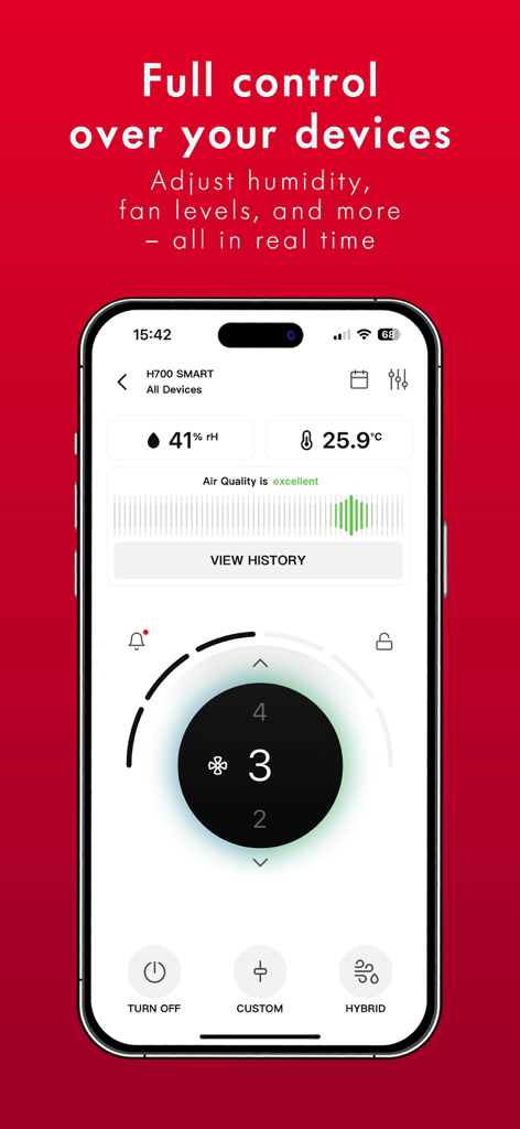 BONECO SMART - BONECO SMART app interface on an iPhone displaying real-time humidity, temperature, and fan speed controls for smart air devices.