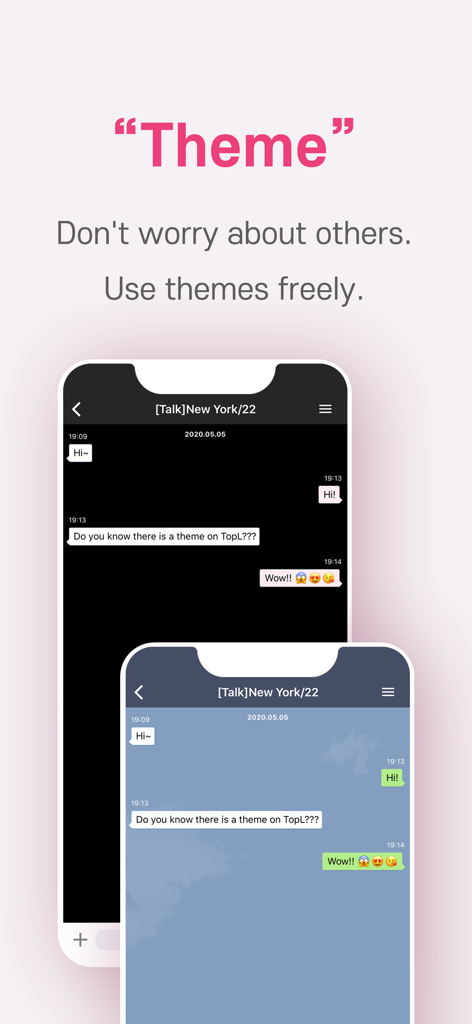 TopL - Captura de pantalla de la aplicación de mensajería TopL que muestra temas de chat personalizables y modo oscuro