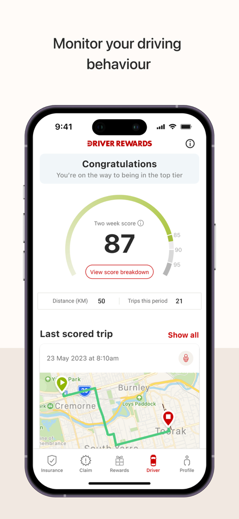 AAMI App - A mobile interface of the AAMI app showing driver rewards score and trip tracking