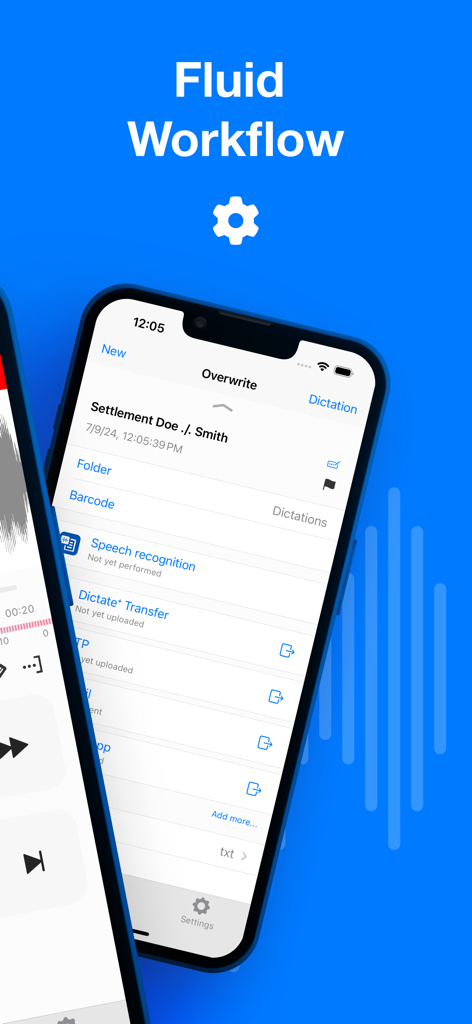 Professional dictation workflow screen in Dictate Plus app on iPhone