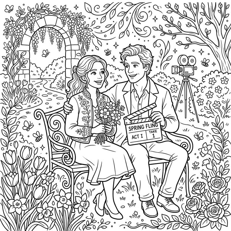 Immerse yourself in the magic of cinema and the beauty of spring with this unique coloring page. Featuring two film actors on a charming movie set surrounded by vibrant blossoms, it promises hours of creative fun.