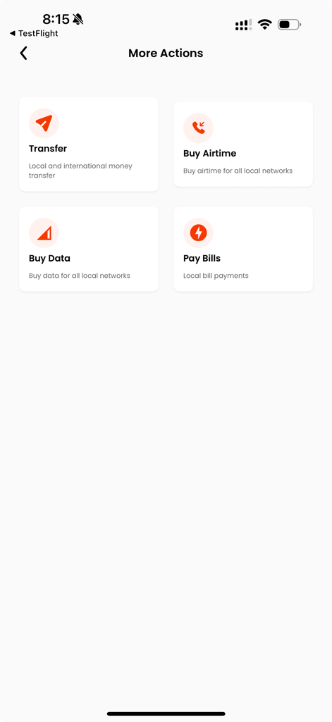 ClearPay - ClearPay mobile app interface displaying options for money transfers, airtime top-ups, data bundles, and bill payments