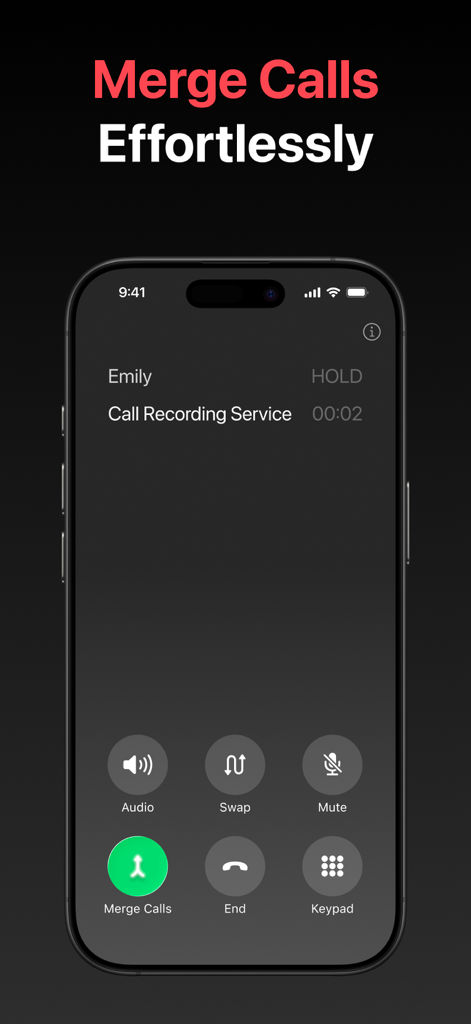 Call Recorder ™ Record Phone - 会話を録音するためのマージコールボタンを示すiPhoneインターフェース。