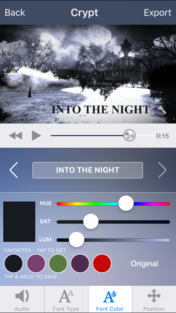 Editing interface of Intro Designer app showing font color sliders and presets for a video intro template