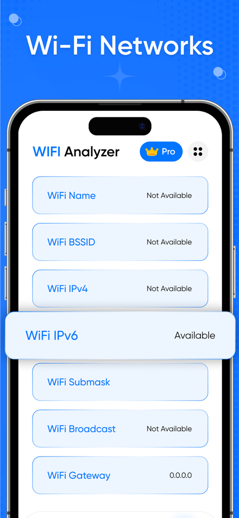 Pantalla del Analizador WiFi que muestra información detallada de la red como el nombre WiFi BSSID y el estado IPv6 en un iPhone