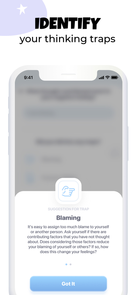 Moodnotes - Mood Tracker - Moodnotes app screen showing a guide to identify the blaming thinking trap