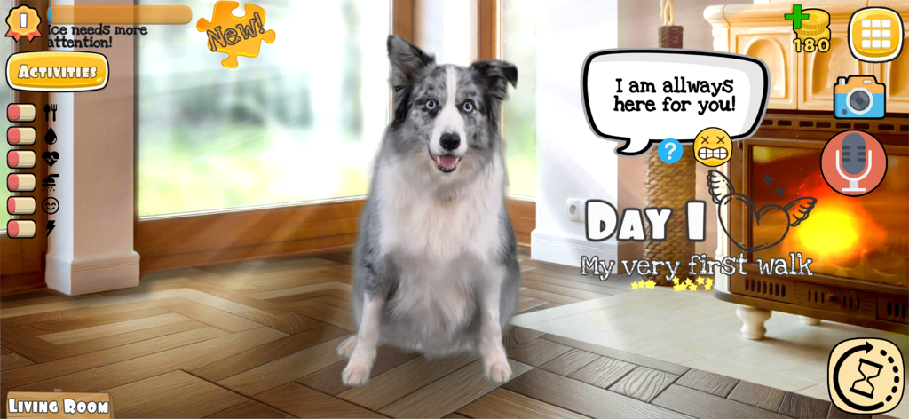 Fruwee: Virtual Pet Dog Games - Um border collie da vida real sentado em uma sala de estar virtual dentro do aplicativo Fruwee