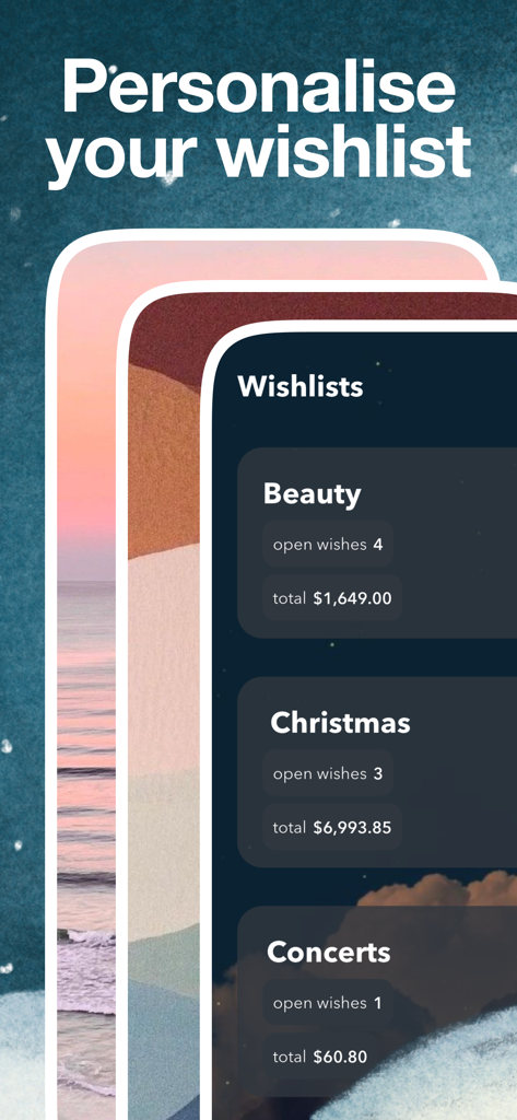 Wishlists - online wishlist - Three phone screens displaying different aesthetic background themes for the Wishlists app with categories like Beauty, Christmas, and Concerts.