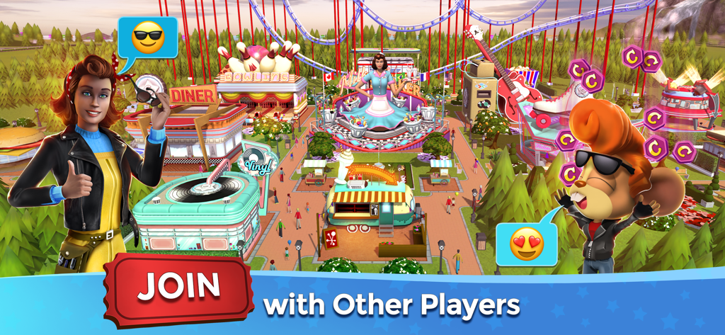 Schermata delle funzioni social di RollerCoaster Tycoon Touch che mostra personaggi e un parco divertimenti a tema retrò