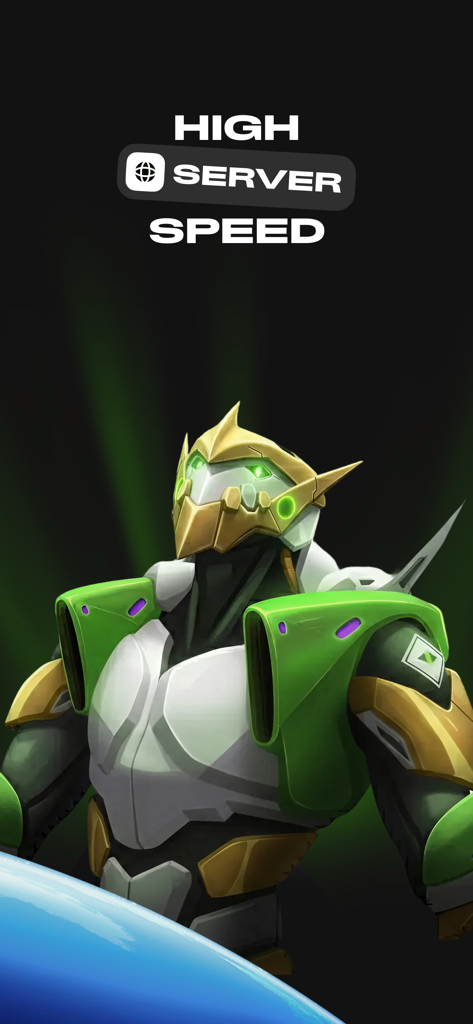 EVA VPN - Universal Proxy - Futuristic green and white robot illustration with high server speed text for EVA VPN app