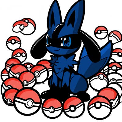 lucario with pokeballs around it
