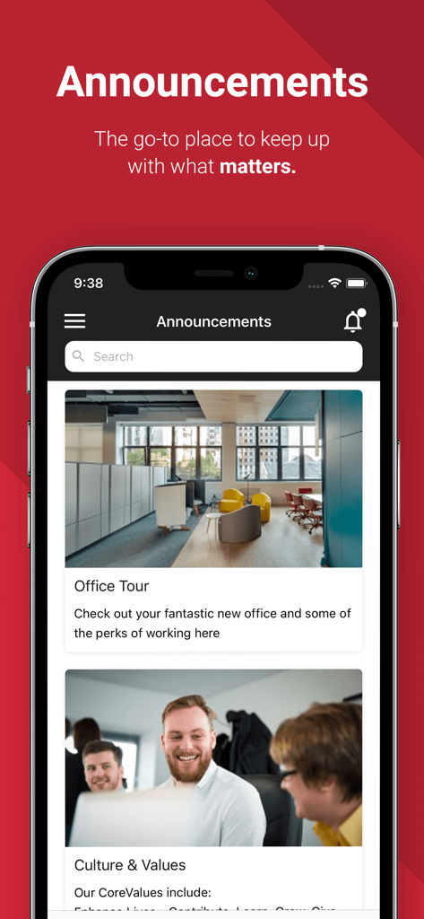 Access PeopleXD - Screenshot of the Access PeopleXD app showing the announcements feed with sections for office tour and culture and values.