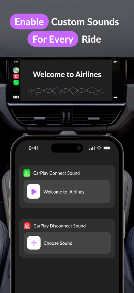 iPhone interface showing custom connect and disconnect sound settings for CarPlay