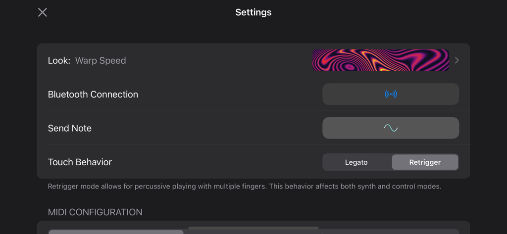 Skym - Settings menu of the Skym MIDI controller app showing look preferences, Bluetooth connection, and touch behavior options.