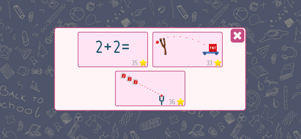 Math Shot Add and Subtract 20 - Math Shot App-Menübildschirm mit Additionsaufgaben und Levelauswahl mit Schleuder-Gameplay