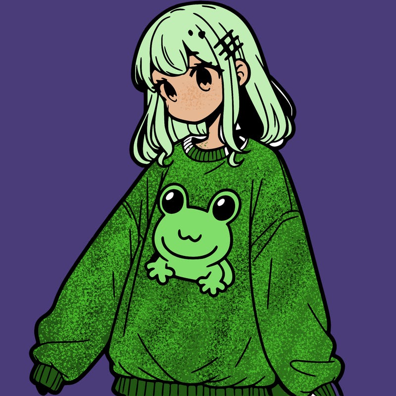 girl wearing frogging sweatshirt