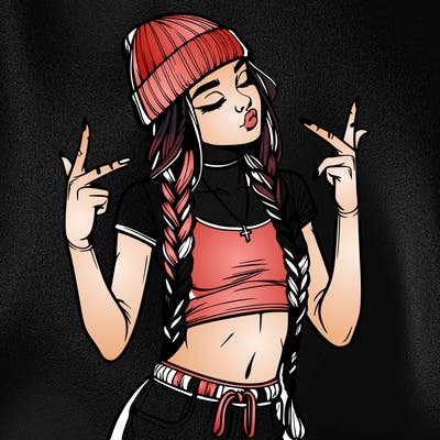 realistic teenage girl with braids and a beanie and crop top doing 🫶🏼