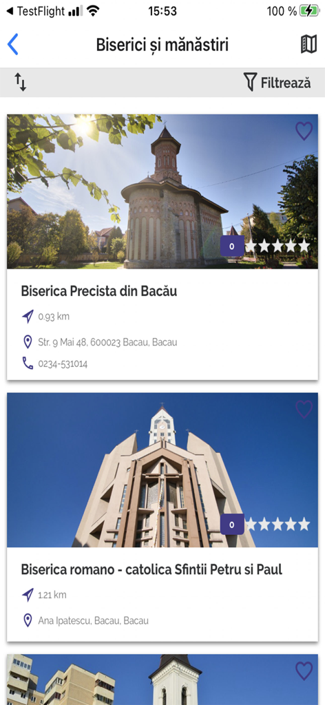 위치와 연락처 정보를 보여주는 Visit Bacau 모바일 앱의 교회 및 수도원 목록