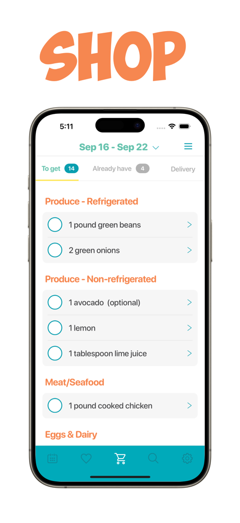 Real Plans - Meal Planner - A categorized grocery shopping list interface within the Real Plans app showing produce and meat sections.