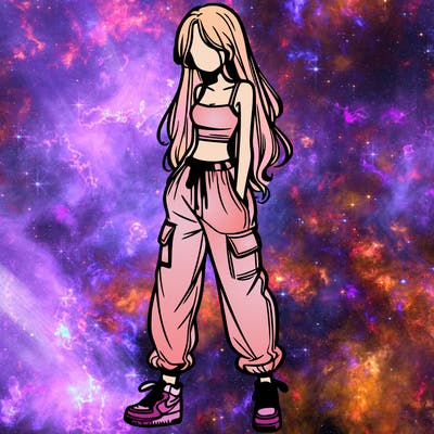 girl in baggy pants crop top and long hair