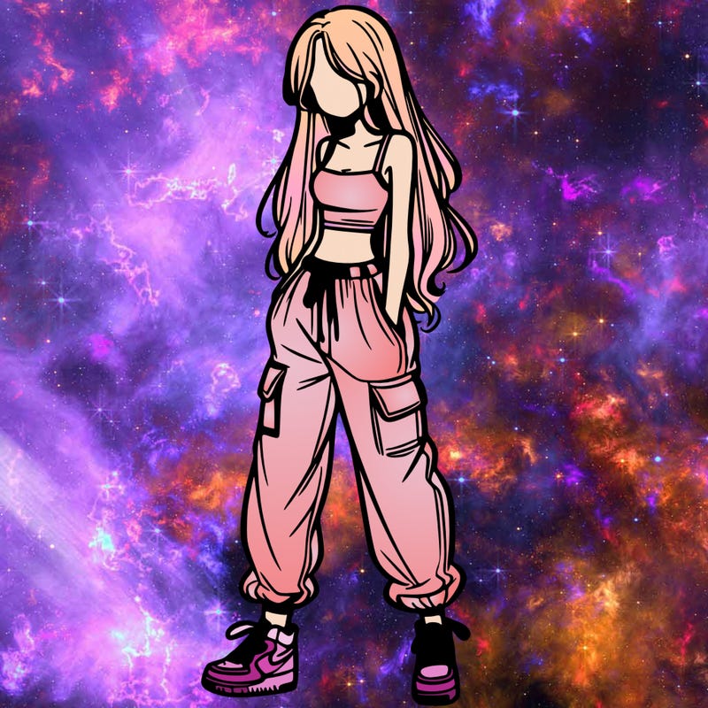 girl in baggy pants crop top and long hair