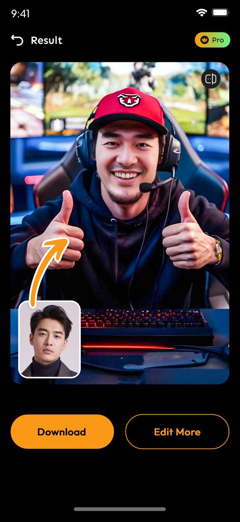 AI Face Swap - New Look - AI face swap result of a smiling man wearing headphones and a cap in a gaming room.