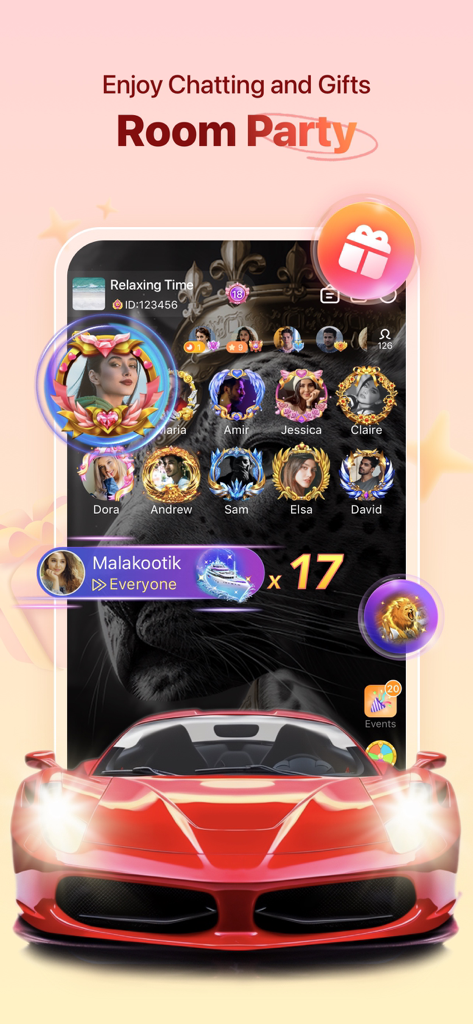 Yalla app interface showing a group voice chat room party with user avatars in decorative frames and virtual gifts
