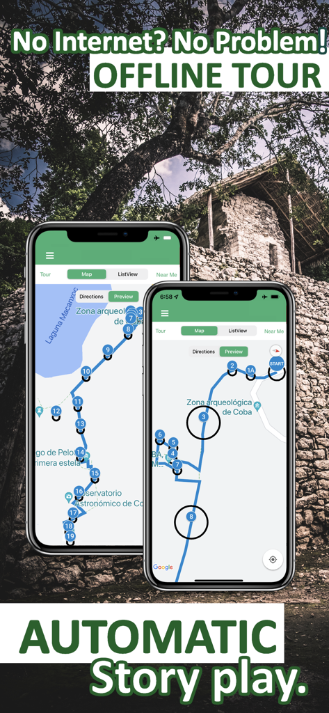 Coba Ruins Cancun Mexico Guide - App screenshot showing offline GPS map and automatic audio story features for the Coba ruins guide.