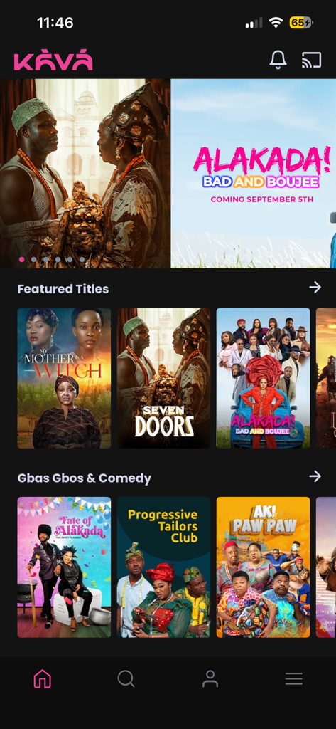 Home screen of the Kava TV app showcasing various Nollywood movie titles and featured African cinema content.