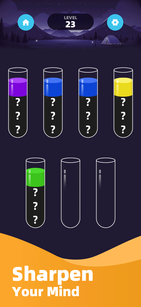 Water Sort Master-Color Puzzle - Water Sort Masterのゲームプレイ画面。色付きの液体が入った試験管と「心を研ぎ澄ます」というテキストが表示されています。