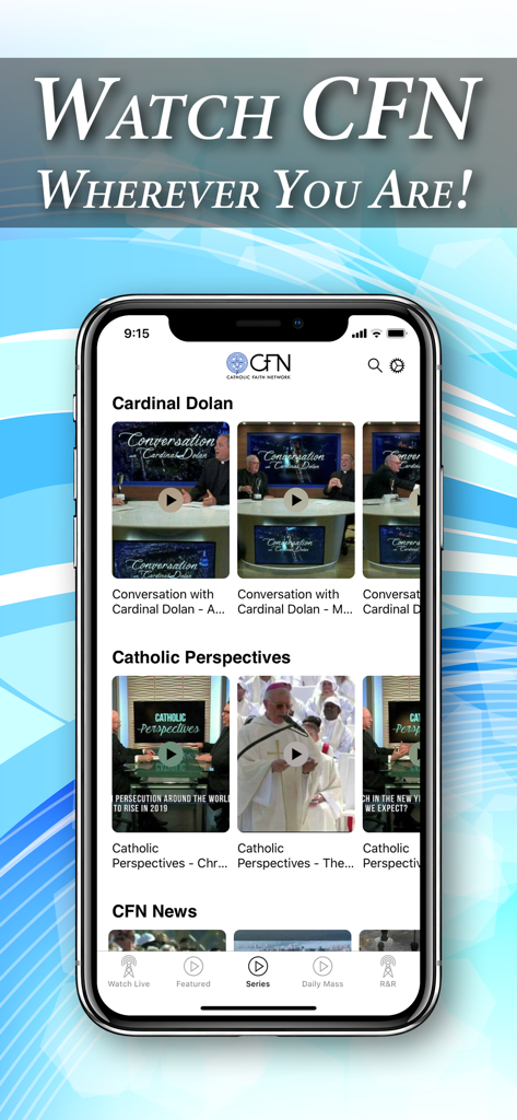The Catholic Faith Network app interface on an iPhone showing religious programs and daily devotionals.