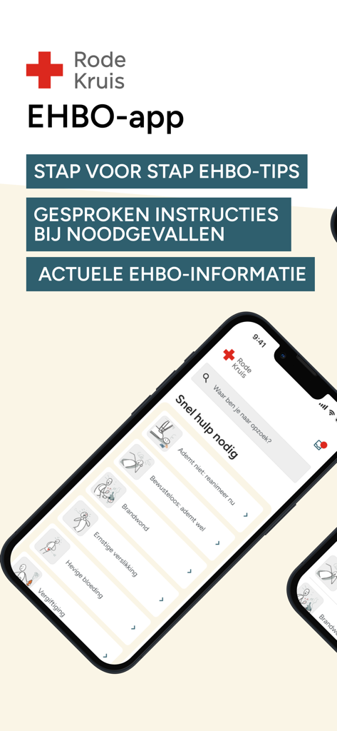 EHBO-app - Rode Kruis - Interface of the Red Cross EHBO app showing emergency first aid steps on a smartphone