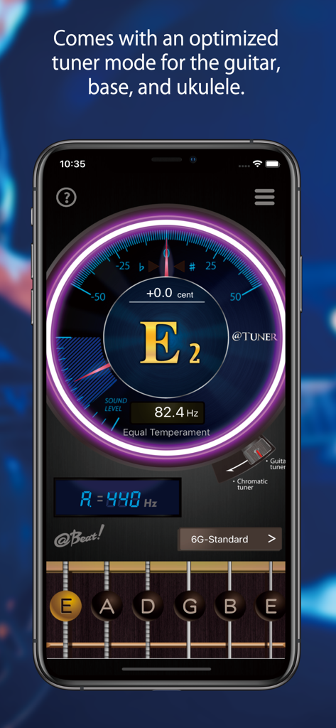 @Tuner - Tela de smartphone mostrando a interface do aplicativo @Tuner para afinar um violão com alta precisão.