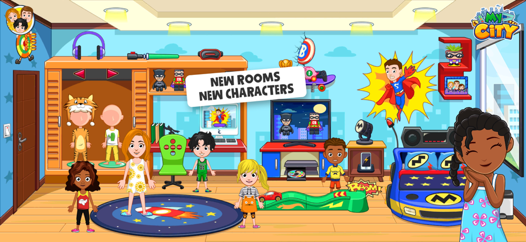 Diversi personaggi bambini che giocano in una colorata cameretta a tema supereroi nell'app My City Home