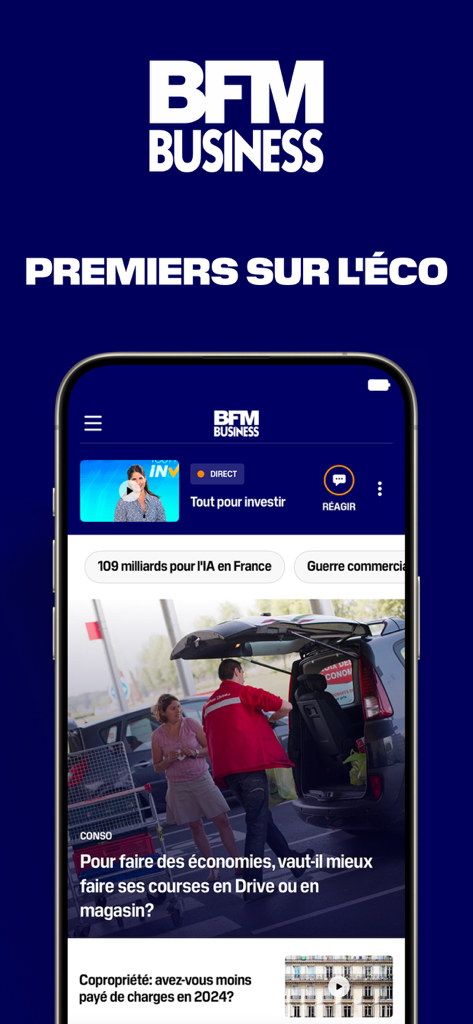BFM Business: news éco, bourse - Interfaz de la aplicación móvil BFM Business mostrando noticias económicas y transmisión de video en directo