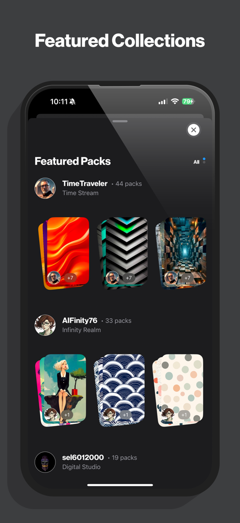 Show Walls - Captura de pantalla de la aplicación Show Walls que presenta colecciones de fondos de pantalla seleccionadas por artistas digitales.