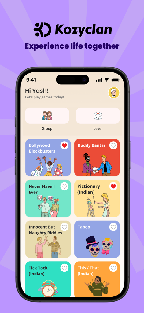 The home screen of the Kozyclan app showing various game tiles like Bollywood Blockbusters, Pictionary Indian edition, and Never Have I Ever.