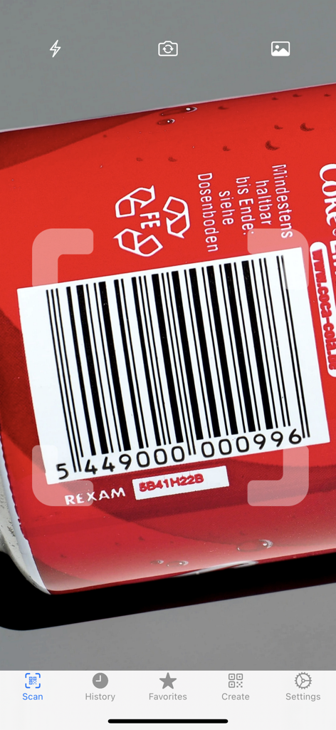 A mobile app interface scanning a barcode on a red product can using a digital viewfinder