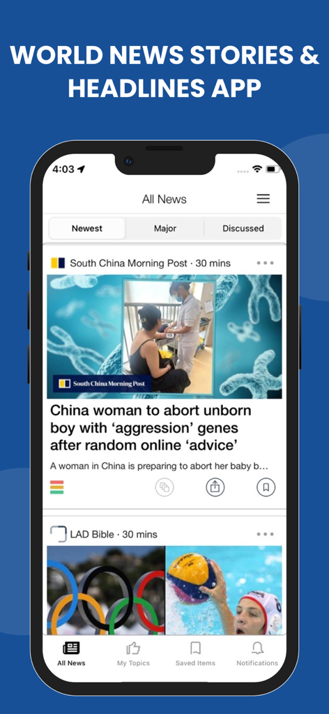 iPhone에서 전 세계 속보를 보여주는 세계 뉴스 이야기 및 헤드라인 앱 인터페이스 스크린샷.