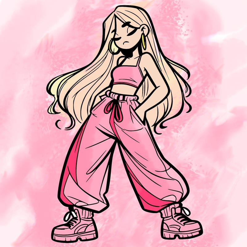 girl in baggy pants crop top and long hair