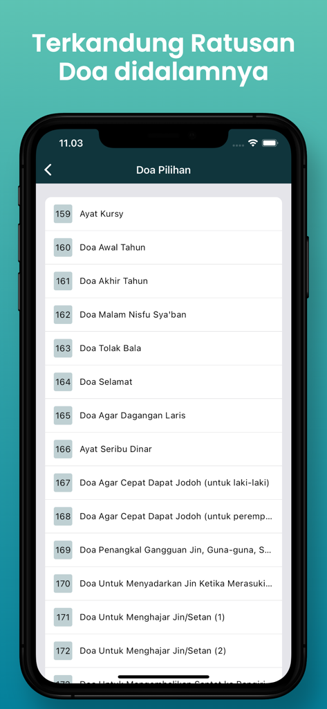 Kumpulan Doa dan Dzikir - Mobile app screen showing a list of selected Islamic prayers in Indonesian