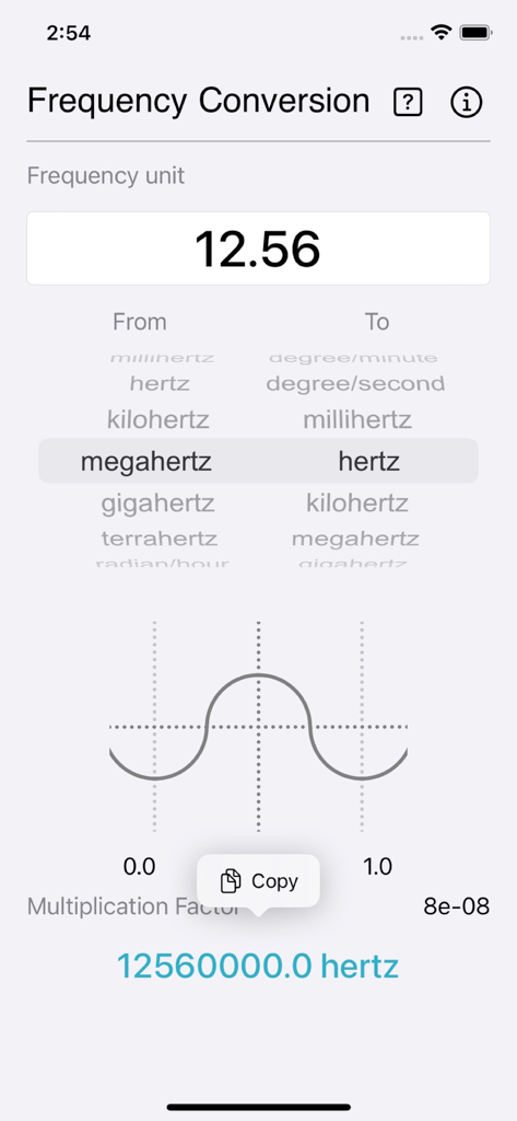 Interfaz de la aplicación de conversión de frecuencia mostrando 12.56 megahertz convertidos a hertz