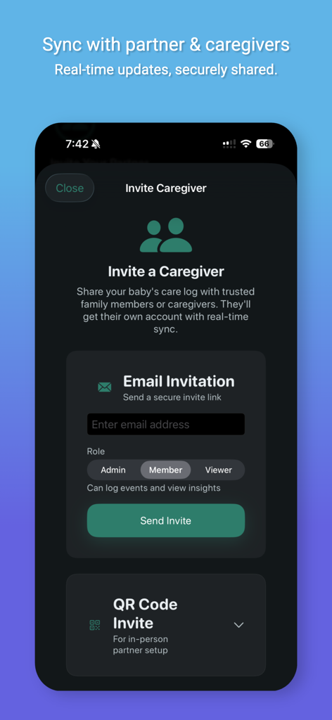Nestling: Baby Tracker & Log - Invite caregiver screen in Nestling baby tracker app for real-time sync with partners