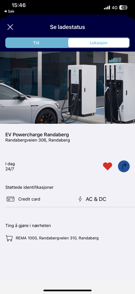Supercharge - The Supercharge app displaying location details and charging options for an EV power station.