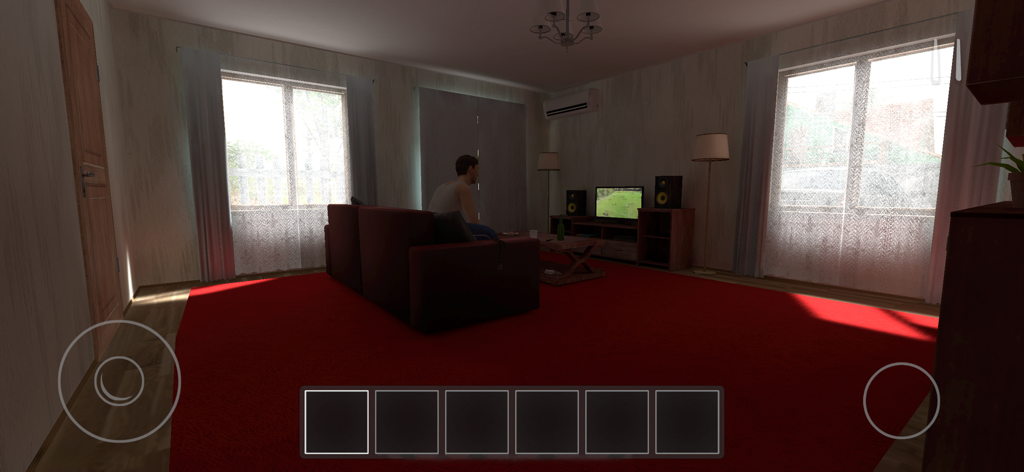 First-person perspective of a living room with a man sitting on a sofa watching TV in the Schoolboy Runaway game
