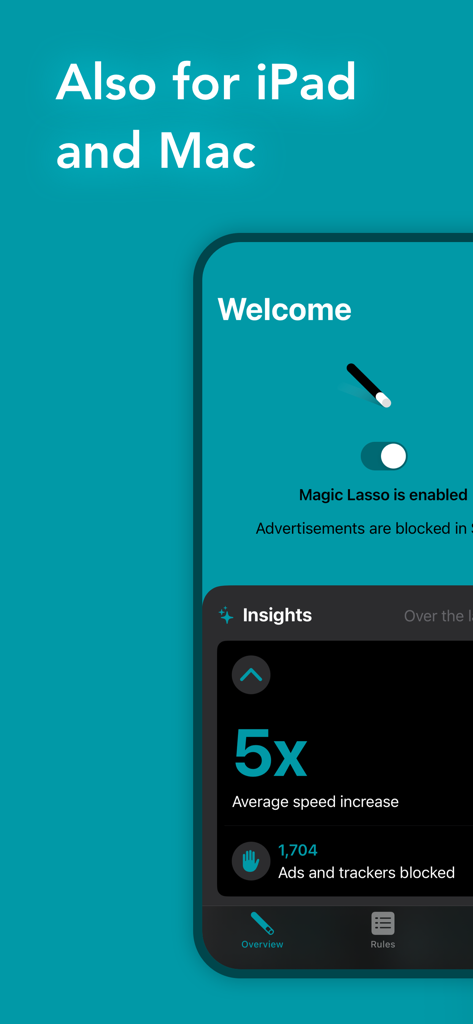 Magic Lasso Adblock dashboard showing speed performance and support for iPad and Mac