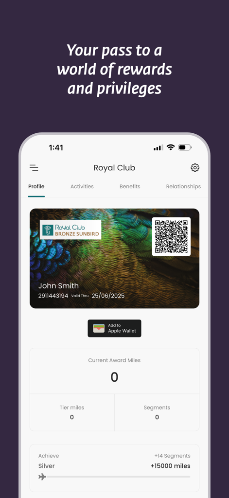 Royal Jordanian Airlines - 로열 요르단 항공 로열 클럽 로열티 프로그램 회원 카드 및 보상 상태.