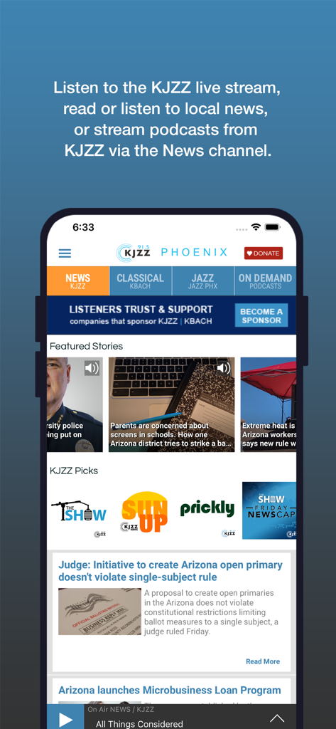 KJZZ Phoenix - KJZZ Phoenix news app home screen with local featured stories and live stream channels